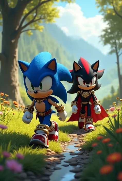 Sonic the Hedgehog as King Arthur from  "Sonic and the black night"  walks with Shadow as Knight Lancelot through nature