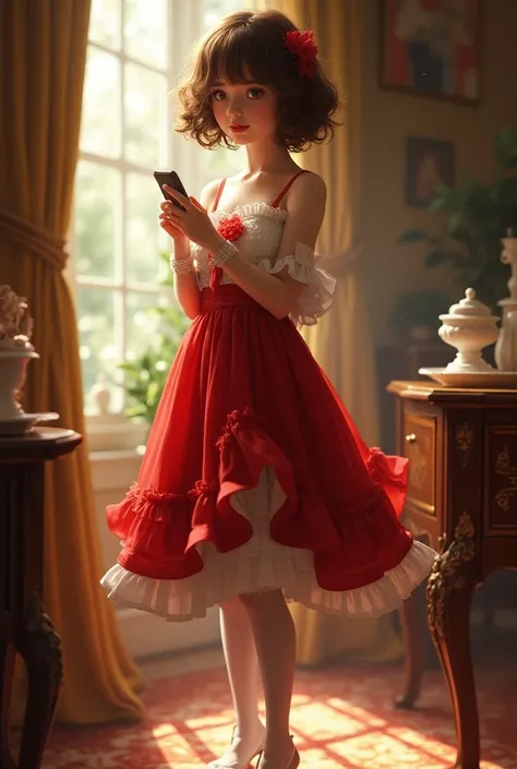 ( masterpiece,  the best quality), 1 girl,  short curly haired brunette dressed in red and white ruffles, (white stockings), nice face, standing holding a cell phone , interior, intricate detail, Sunlight,