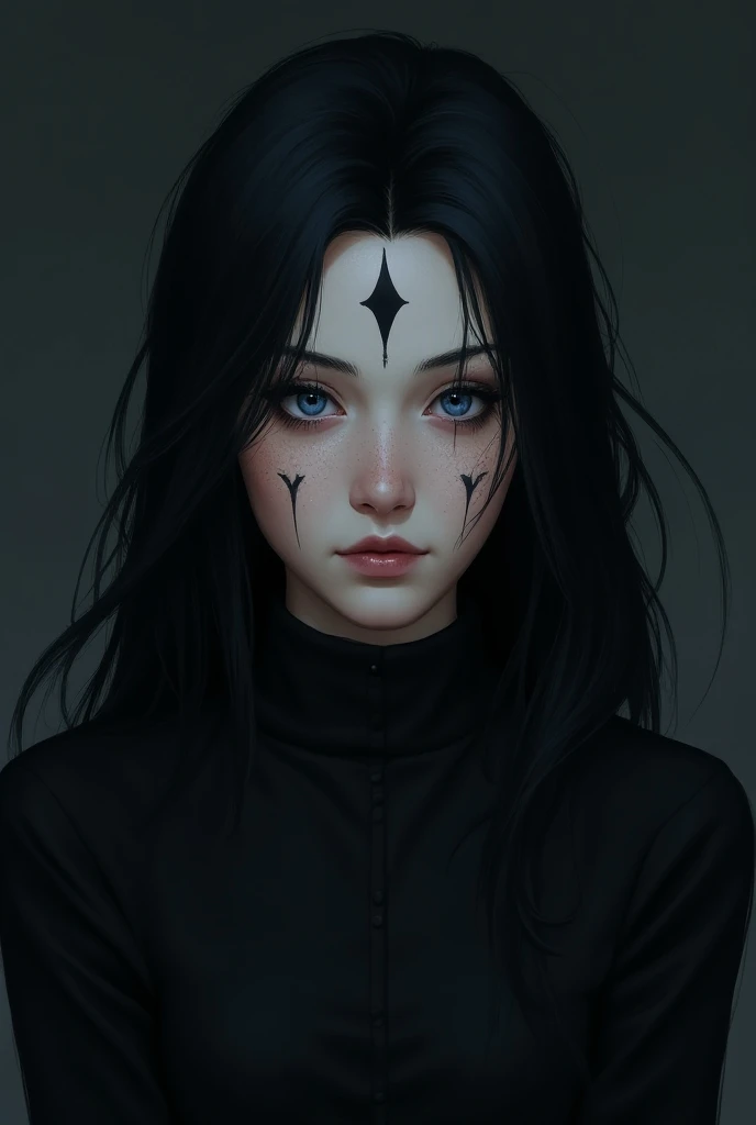 Make a black-haired woman , pale,  freckled with dark blue eyes ,  who wears a black funeral dress and funeral makeup on her forehead, has a diamond-shaped mole and her nails are a black color in the style of Kingdom Hearts. 