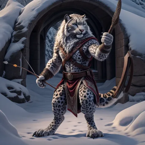 snow leopard, hunter, with mane,  holds a forge hammer,  4 fingers with medium-length claws, 3 toes with long claws, very detail...