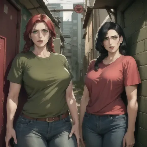 a 40-year-old woman with short black hair, green eyes, wearing a green shirt and jeans, standing next to her 18-year-old daughte...