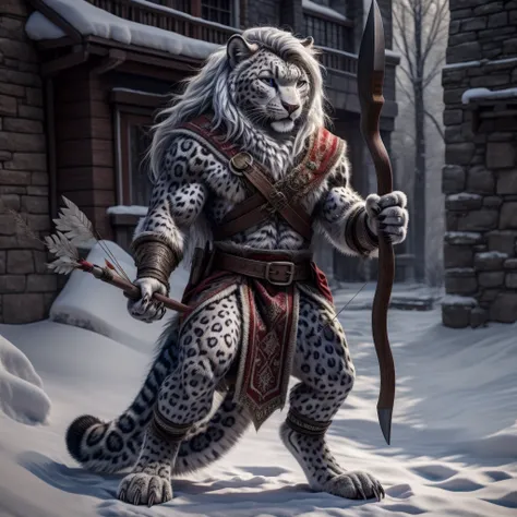 Snow leopard, HUNTER, with mane,  holds a Forge hammer,  4 fingers with medium-length claws, 3 toes with long claws, very detailed fur, shoots an arrow, very high quality, High resolution, detailed background