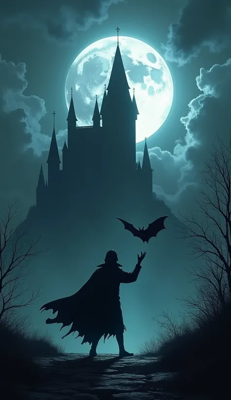 Man is catching a bat over a Gothic castle in a full moonlit night.  Thin clouds and shadow effects add a mystical and sinister impression to the scene .