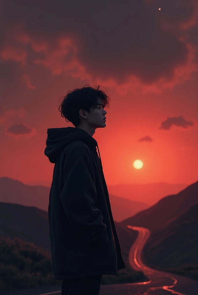 (photorealism:1.2),a 6 ft boy, wearing black hoodie, medium long wavy hair, hands in pocket,  lookimg at the sky, darkish red sky, setting sun, falling star, dark clouds, endless road, wind is flowing 