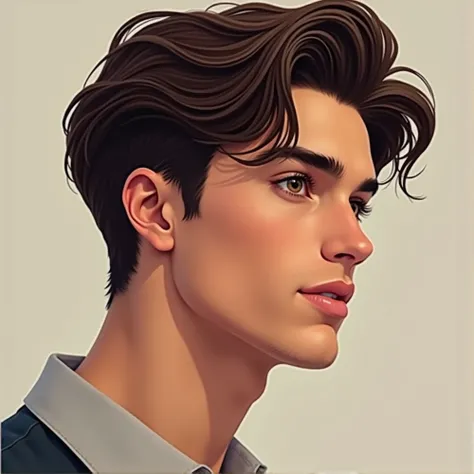 Cute hot light tan skin 23 guy years with dark brown mid length wavy voulimnous hair his hairstyle is middle part and his big eyes color are espresso. I want his side profile with his button nose. 