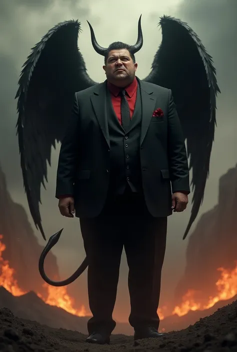 a chubby man like a demon angel, black hair cut back, with closed black angel wings and long bull horns. Black tailored suit, red shirt and black tie, with elegant red details, with a devils tail, cold and terrifying look. In the background you can see a c...