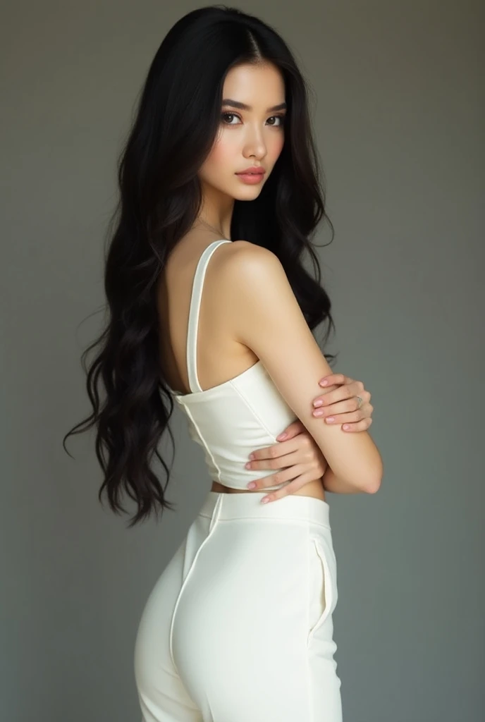 beautiful woman, super sexy, a tall, elegant woman with long, silky black hair cascading over her shoulders,  delicate and well-balanced facial features contributing to her beauty, slendegure, posture exuding grace and discipline, typically dressed in soph...