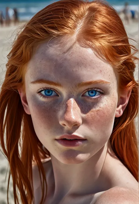 a beautiful young teen red head with intense blue eyes and freckles, topless at the beach, photorealism, 