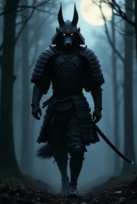 die-hard、Samurai wolf 、warrior、 The body is thin 、 Deep black armor 、 Dark messenger 、 Walking through the woods at night、very realistic、 ultra high definition、32k、