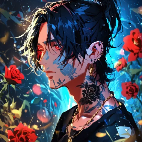 Alone, 1 male, Black hair with red inner color,  ponytail,Man Bun,Red eyes, Black Shirt,,Stylish,Ear Piercing,blue rose tattoo on neck, gold necklace,Oversized shirt,Face up,
black background