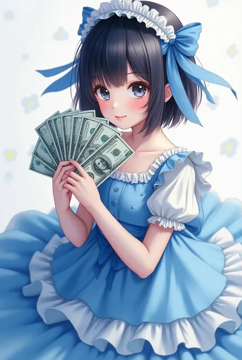 ( masterpiece,  the best quality), 1 girl, blue and white ruffled dress, (He holds banknotes in his hand and the word lunarouse) 