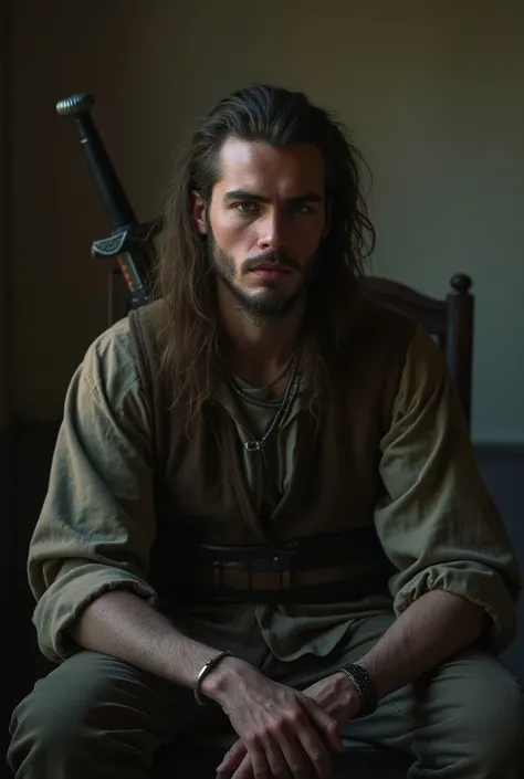 A handsome 21-year-old white-skinned boy with a long brown hair, low beard, European race, thin face, dressed as a Romanian people with a sword, lives in BC. He is a broken person, with a skeletal face
Also a strong and skilled warrior, he frowned
He is in...