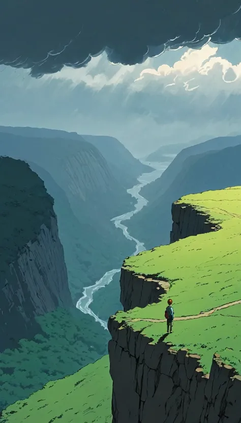 (Minimalism: 1.4), draw simple art in the style of Tintin,a boy on a cliff close-up looking into an abyss valley Stormy day, Stormy greyish white skies, sunset Storm stylized by Studio Ghibli, miyazaki, Makoto Shinkai!!, Anime Movie Background Best Quality...