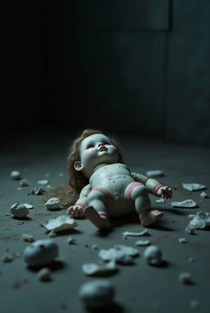  Broken doll on the floor ,  with its broken porcelain eyes, surrounded by fragments .