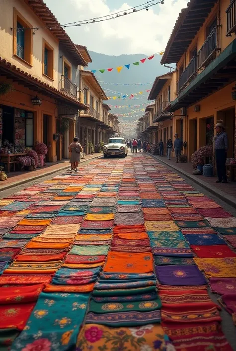 Ponchos Square in Otavalo, Ecuador, a view from the street to the square in front, with a taxi van , Without a lot of people, with more focus on ponchos