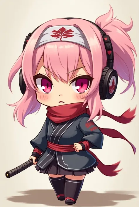  The chibi girl wears a ninja band on her forehead with the Leaf symbol .  Her light pink hair flows as if she were in the wind ,  and her headphones stay in place , but with a more rustic design ,  similar to ninja equipment .  Her pink eyes show determin...