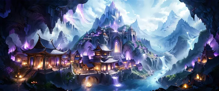 an epic  dark elf fantasy city,  a huge cave built  underground, beneath the ground,  there are many buildings and towers, lit in dim light of candles and magical light, its deep under the mountain, purple light, blue light, from buildings, a dark lit temp...