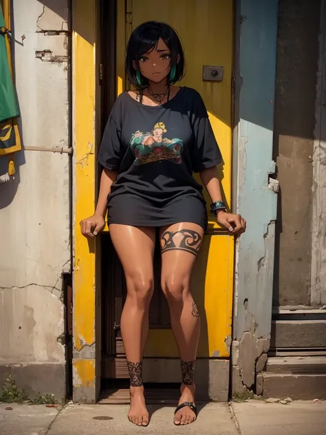 brazilian tattooed black girl with pussy standing at street slum, sitting, showing feets
