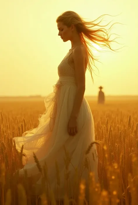 "Depict a mysterious and ethereal female figure, standing tall in the middle of a sun-drenched, golden wheat field. The heat of noon shimmers around her, distorting the air as if reality itself is bending. Her long, wind-swept hair blends seamlessly with t...