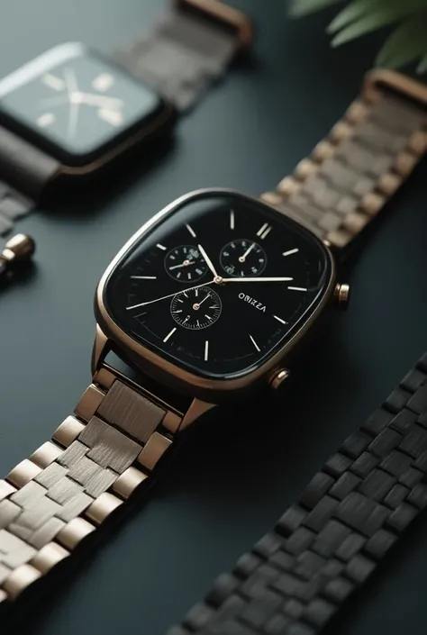 Create a sleek, modern smartwatch with a stainless steel frame and sapphire glass display. The watch should have a minimalist design with customizable watch faces. Highlight the advanced health tracking features and seamless connectivity. The background sh...