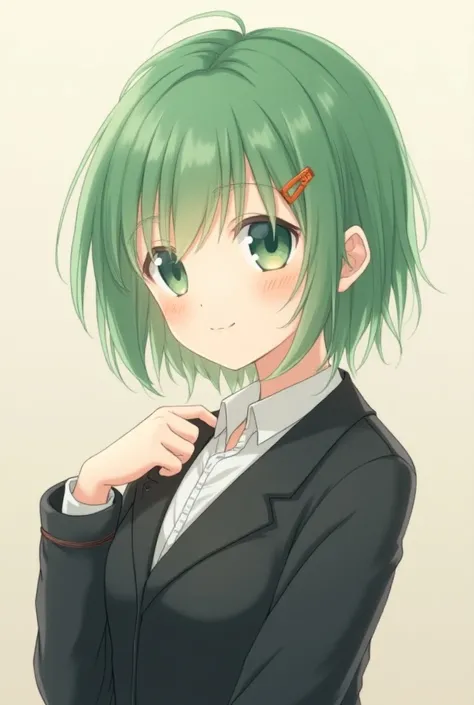 A beautiful anime girl with short green hair with a side strand of hair with a small orange pin, round dark green eyes and a round face and wearing a black school uniform 