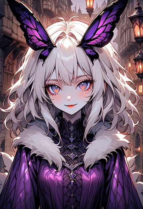 solo, female, close up, insect girl, mothman girl, compound eyes, iridescent eyes, white-brown coloration, silver hair, fluffy hair, white fur collar, slender, tall, insect antenna, black & purple clothes, medieval, town, gentle smile, lamp, black eyes, la...