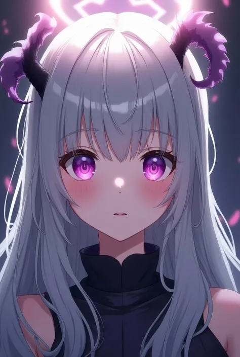 1 girl,  Long hair,  big breasts, gray hair, Neat bangs, Blushing, halo, anime, Dragon Horns, Gothic, Smile,  purple eyes , Strong emotions in the eyes, Lick your lips, Loving eyes, naked, 