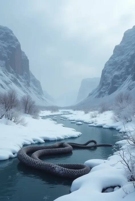  Create an a image which include a winter theme and a big river with the water and the venom also here and its look like a themed background 