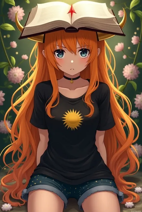 Woman 
anime flower background serious face eye color black Bluish with black lenses long orange hair to the legs with golden horns and open book on the head black shirt with a sun in the middle of the black shirt short shorts dark blue with lots of stars ...