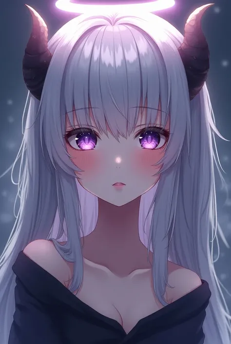 1 girl,  Long hair,  big breasts, gray hair, Neat bangs, Blushing, halo, anime, Dragon Horns, Gothic, Smile,  purple eyes , Strong emotions in the eyes, Lick your lips, Loving eyes, naked, 