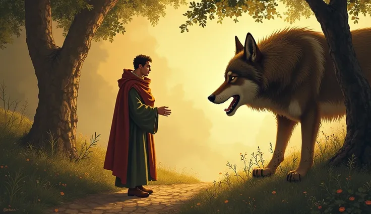   An illustration of the story of the Wolf of Gubbio ,  where Saint Francis meets the Big Bad Wolf . The scene should show the conversation between them ,  highlighting Franciscos compassion and the transformation of the wolf.



