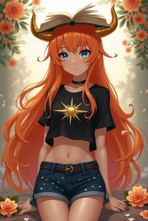 Woman 
anime flower background serious eye color blue black with black lenses long orange hair up to the legs with golden horns and open book on the head black shirt with a sun in the middle of the black shirt short shorts dark blue with lots of stars