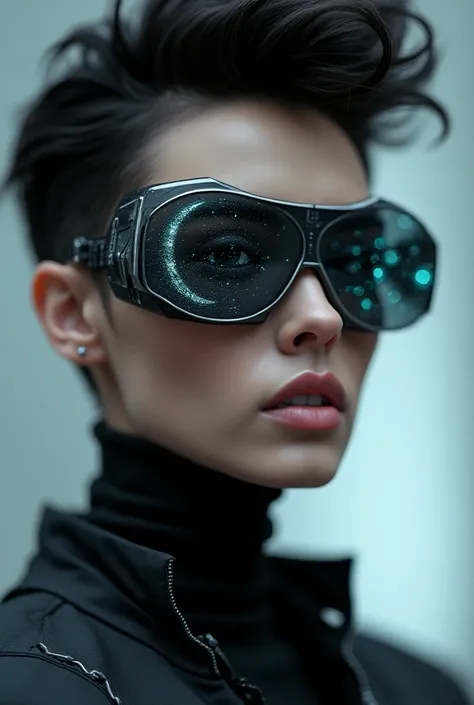 The model is wearing glass sunglasses with stars and the moon on the glass.