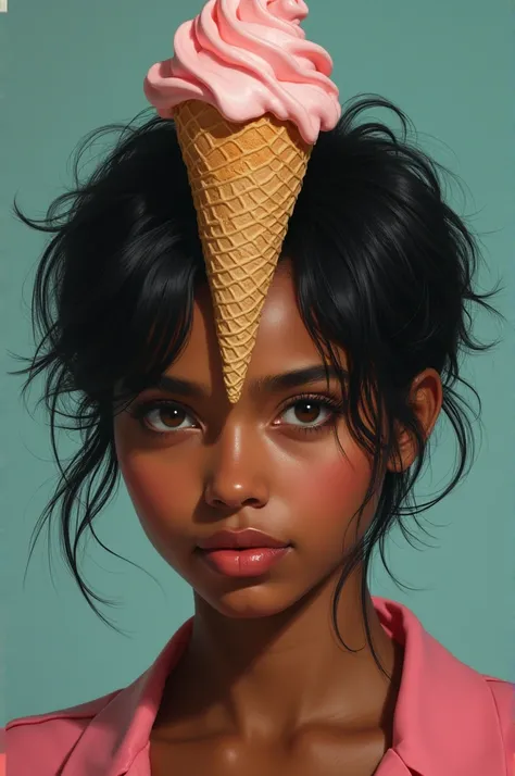  20-year-old, dark-skinned, She has short hair and an ice cream cone on her forehead