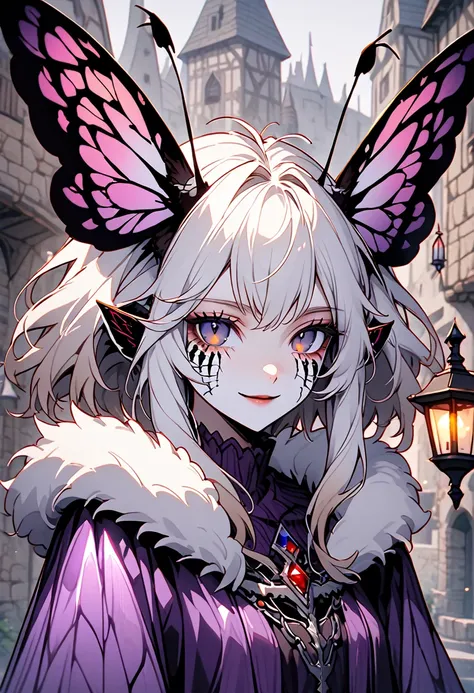 solo, female, close up, insect girl, mothman girl, compound eyes, iridescent eyes, white-brown fur, silver hair, fluffy hair, hu...