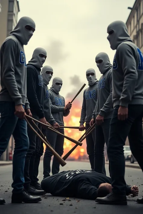 Put on 5 strong men wearing white balaclava and white hoodie written CNS in blue holding a baseball bat and 5 men lying on the floor with black sweatshirts written GNS in white on a street with many explosions behind
