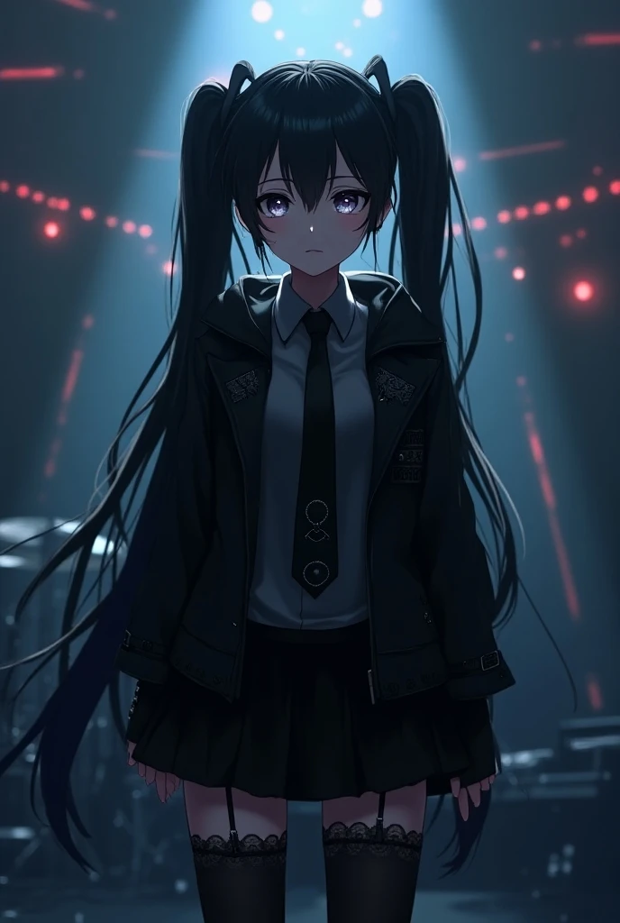 Hatsune Miku anime version black haired emo version singing on stage