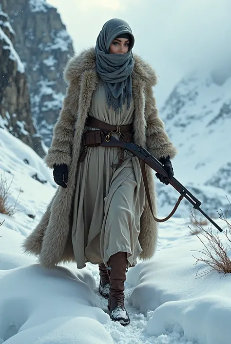 With headscarf, veiled, There is a dominant woman.  Woman hunts in the mountains of Switzerland with a rifle in her hand through the snow.  She has a fur coat on her .  Stepping on a naked man.