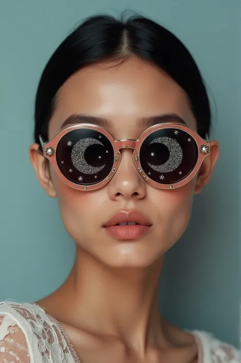 The model is wearing glass sunglasses with stars and the moon on the glass