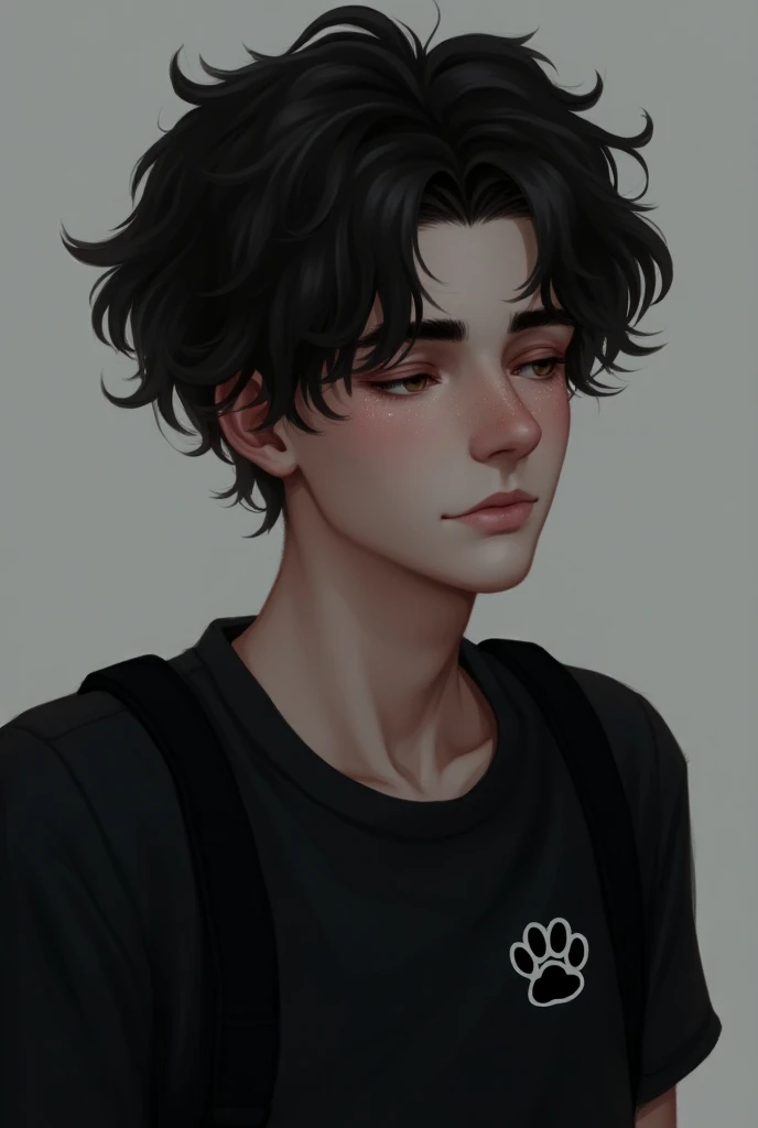 Gay male character ,  with full curly hair with black waves . With mini sparkles on the face . The face is sad.  With a canvas backpack over the shoulder ,  with the clothing Black Crop Girls Paw Print Top Matching with a very small white paw on the chest,...