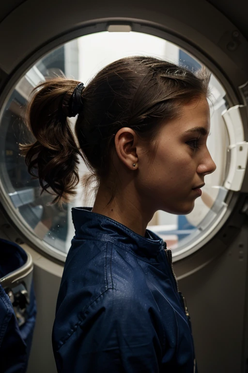 11y girl standing in spacesuit, ponytail, sideview