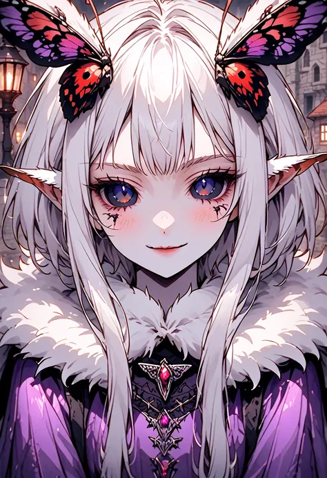 solo, female, close up, insect girl, mothman girl, compound eyes, iridescent eyes, white-brown fur, silver hair, fluffy hair, hu...