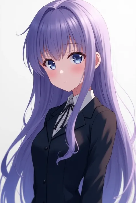 A beautiful anime girl with long flowing purple hair with bangs and big and cute blue eyes and wearing a black school uniform 