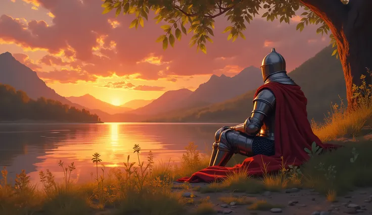 A lone medieval knight in shining armor, seated peacefully in a lush, natural landscape. The scenery includes vibrant greenery, trees with dappled sunlight filtering through the leaves, and a serene lake in the background. The knight is fully integrated in...