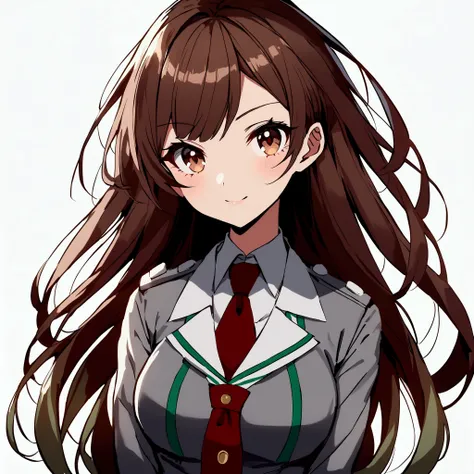 Female character light brown eyes dark brown and wavy hair white dress shirt college style skirt in green color and a red tie