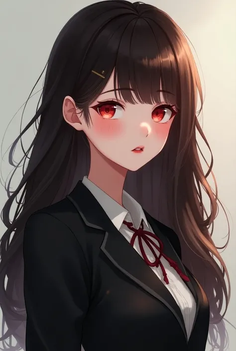 A very beautiful anime girl with long wavy hair, big and sharp red gun eyes, light freckles, cherry lips and wearing a black school uniform 