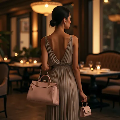 A scene where a woman holds a small purse on a long strap and a large shopper bag. The contrast in the sizes of the bags is visible against the background of an elegant cashmere evening dress in the style of quiet luxury. The background is a stylish restau...