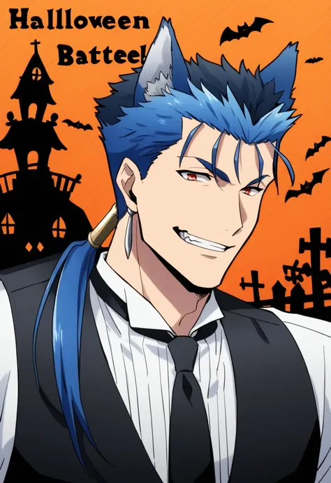 Cu Chulainn Blue Lancer a man dressed as a butler with blue wolf ears and tail with a good face, red eyes, a good body with little musculature and long blue hair with a ponytail at the nape of his neck and anime earrings with an orgasmic smile doing a wolf...