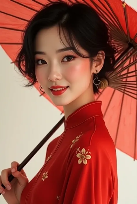 red chinese dress,  1girl, One,  black hair , short hair,  upper body , smile, umbrella, mature woman,