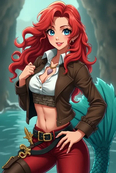 Generate an image of a red-haired mermaid with curly hair, blue eyes, and scales in gradient blue-green covering her entire body. She wears a pirate outfit: brown leather jacket, white shirt with puffy sleeves, red pants, and brown boots with golden buckle...